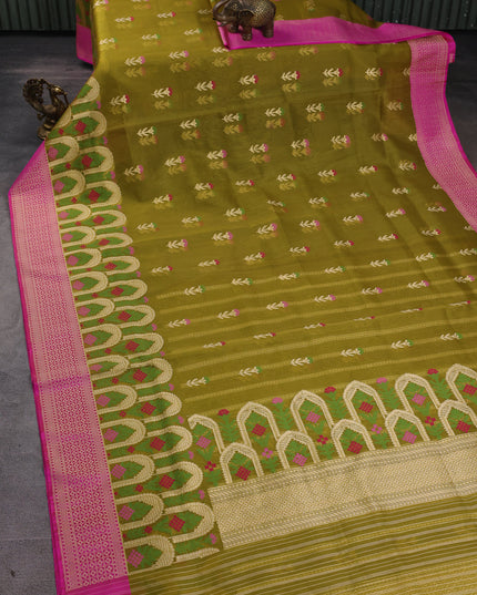 Olive Green-Rani Pink Banarasi Kora Saree