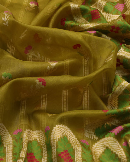 Olive Green-Rani Pink Banarasi Kora Saree
