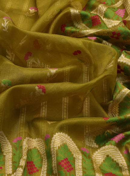 Olive Green-Rani Pink Banarasi Kora Saree