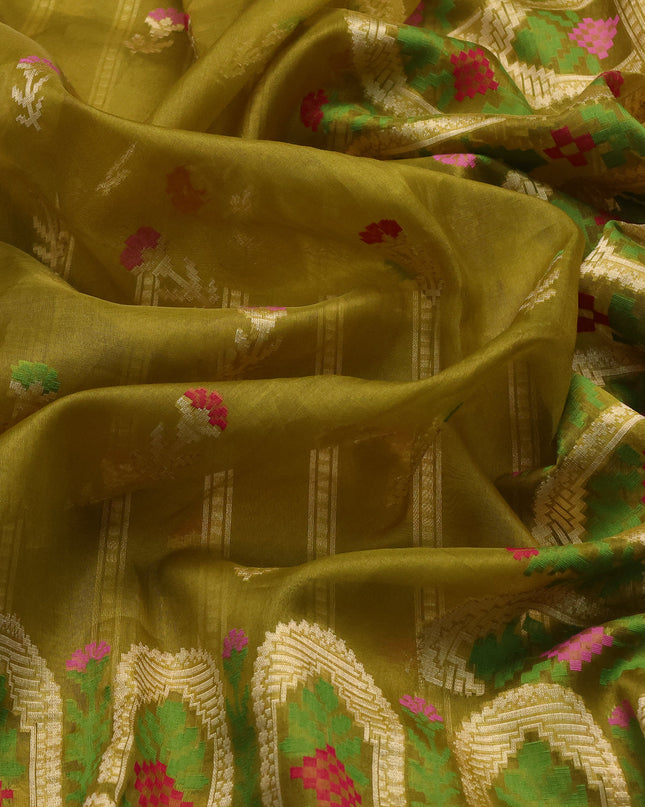 Olive Green-Rani Pink Banarasi Kora Saree