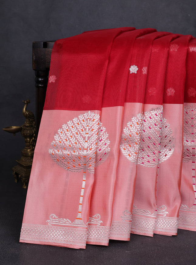 Red-Peach Banarasi Kora Saree