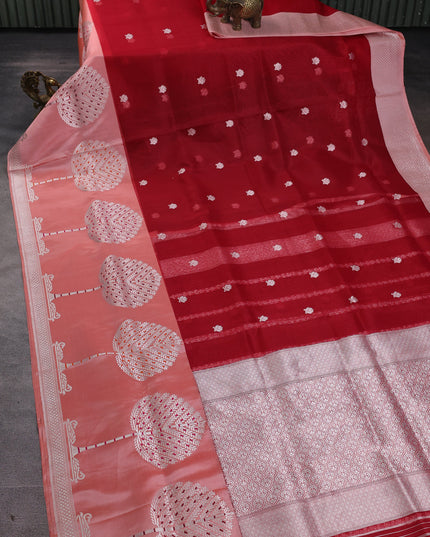Red-Peach Banarasi Kora Saree
