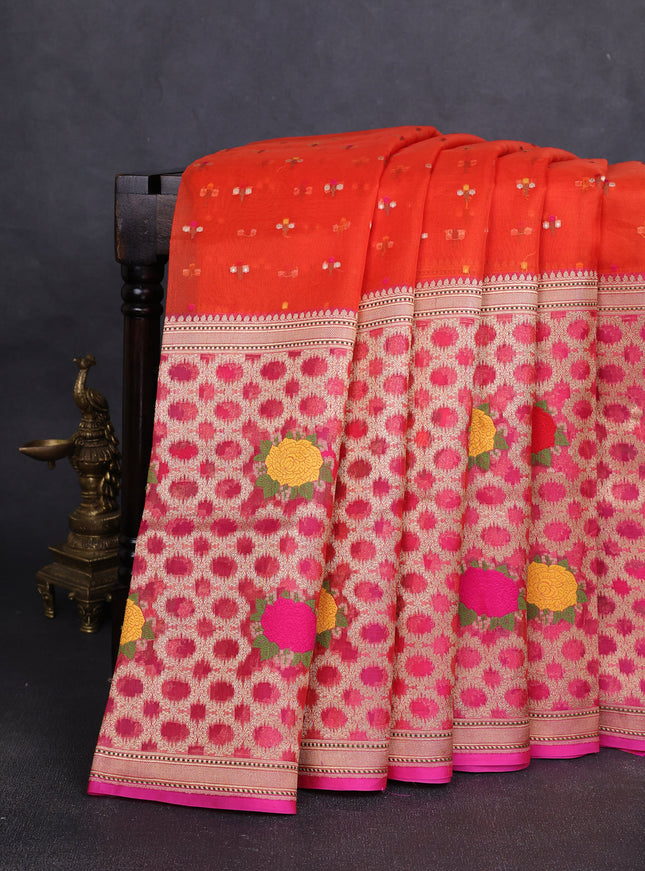 Orange-Pink Banarasi Kora Saree