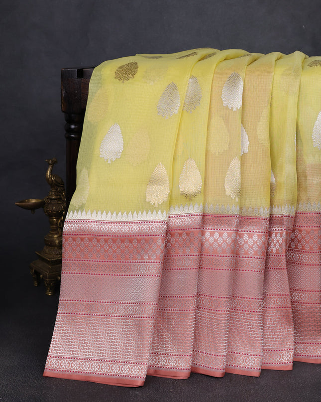 Lemon Yellow-Peach Banarasi Kora Saree