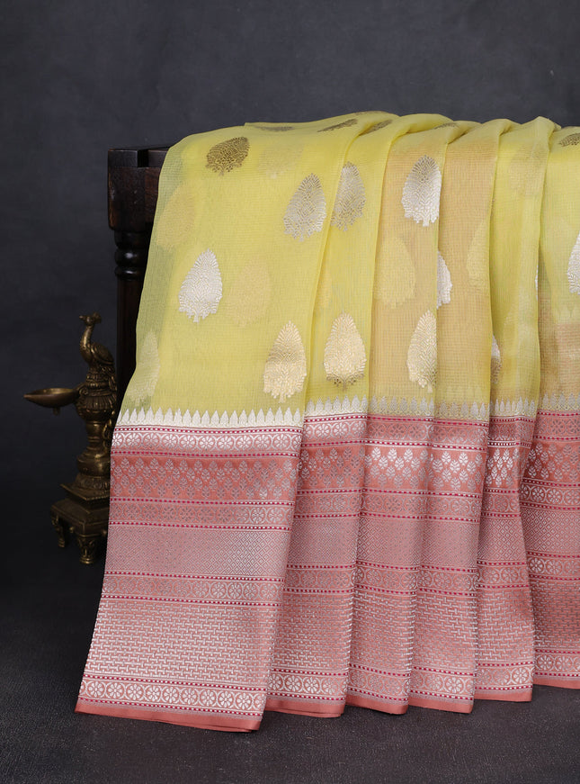 Lemon Yellow-Peach Banarasi Kora Saree
