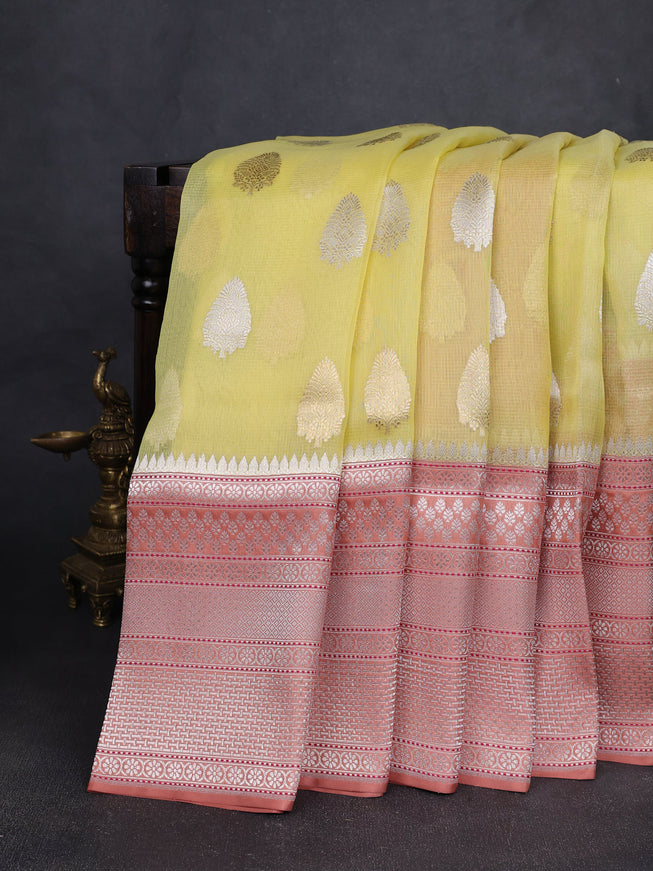 Lemon Yellow-Peach Banarasi Kora Saree