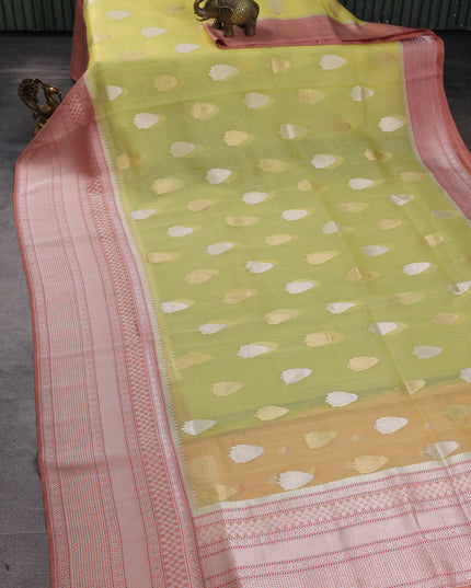 Lemon Yellow-Peach Banarasi Kora Saree