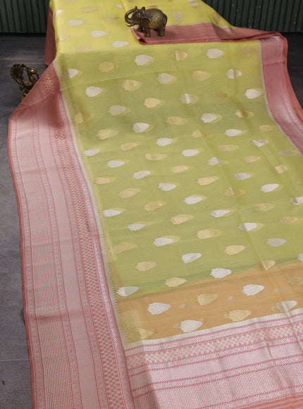 Lemon Yellow-Peach Banarasi Kora Saree