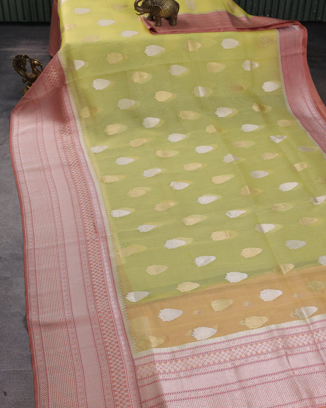 Lemon Yellow-Peach Banarasi Kora Saree