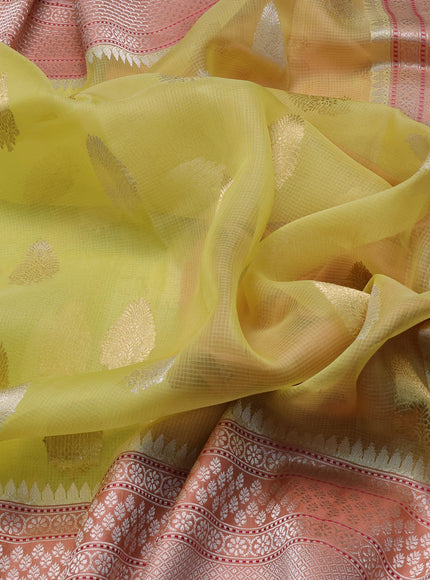 Lemon Yellow-Peach Banarasi Kora Saree