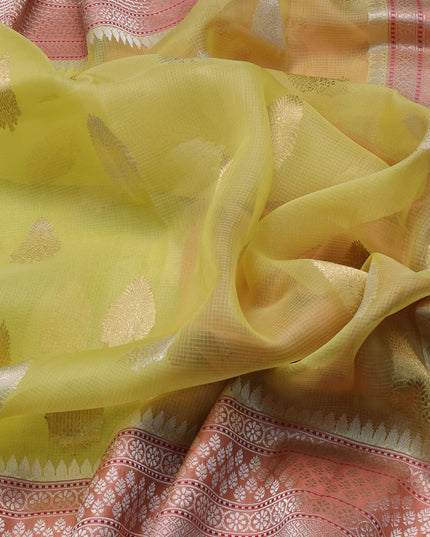 Lemon Yellow-Peach Banarasi Kora Saree