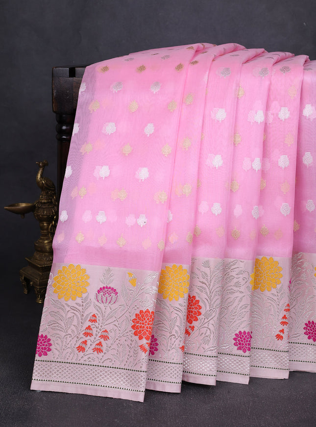 Light Pink-Peach Banarasi Kora Saree