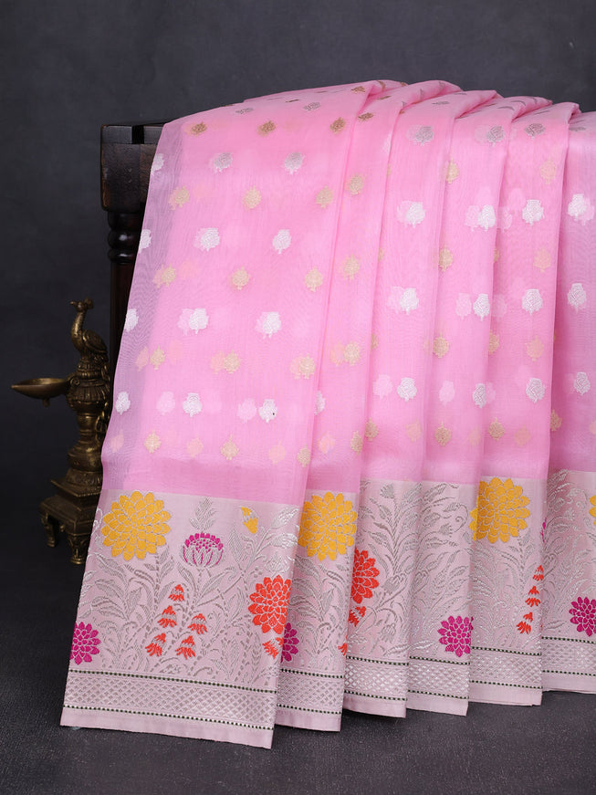 Light Pink-Peach Banarasi Kora Saree