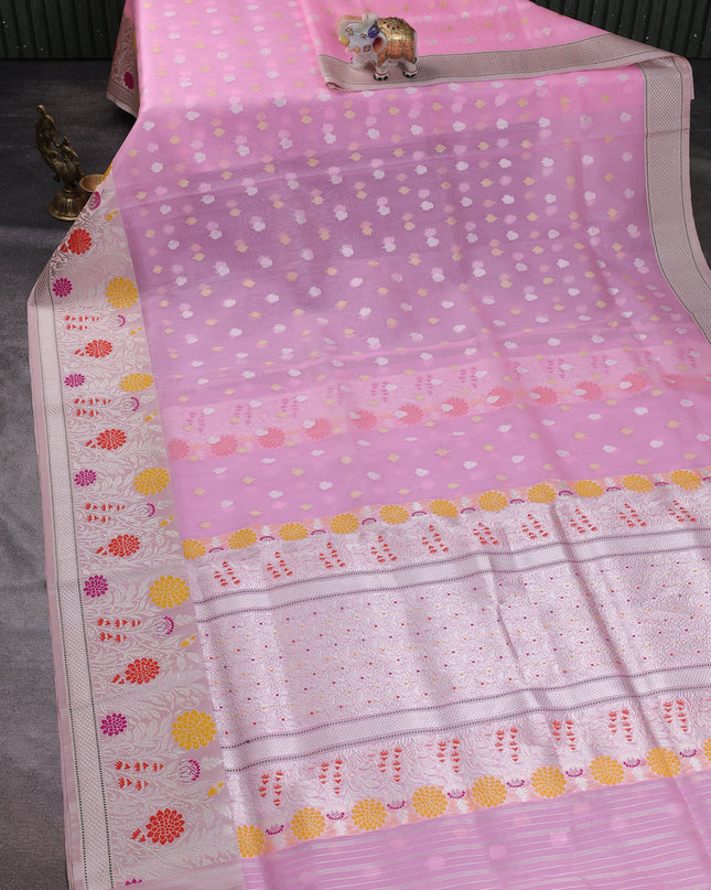Light Pink-Peach Banarasi Kora Saree