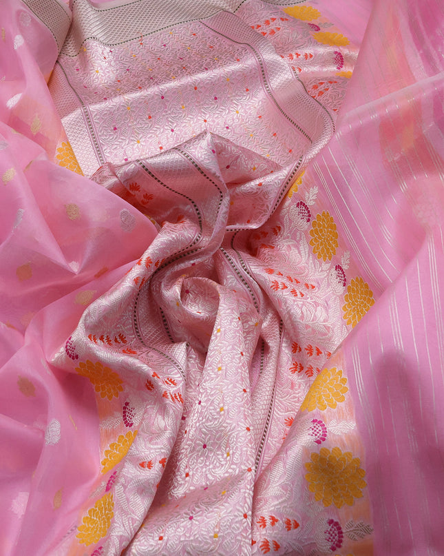 Light Pink-Peach Banarasi Kora Saree