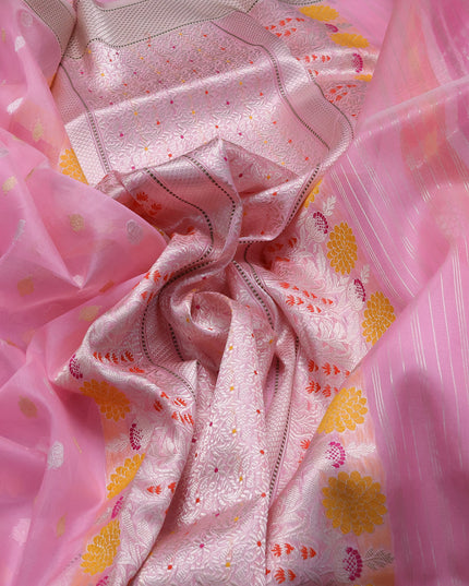 Light Pink-Peach Banarasi Kora Saree