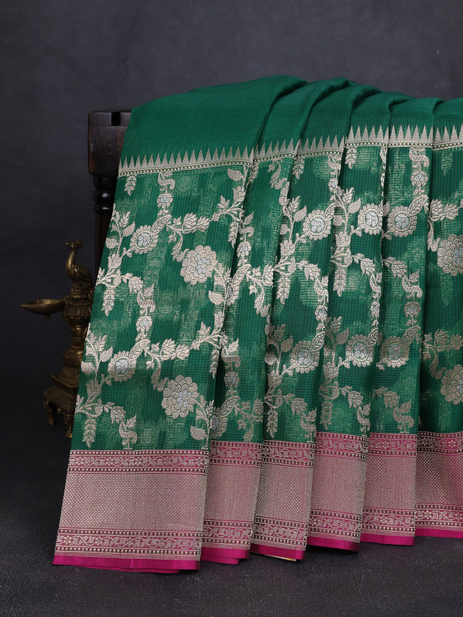 Green-Pink Banarasi Kora Saree