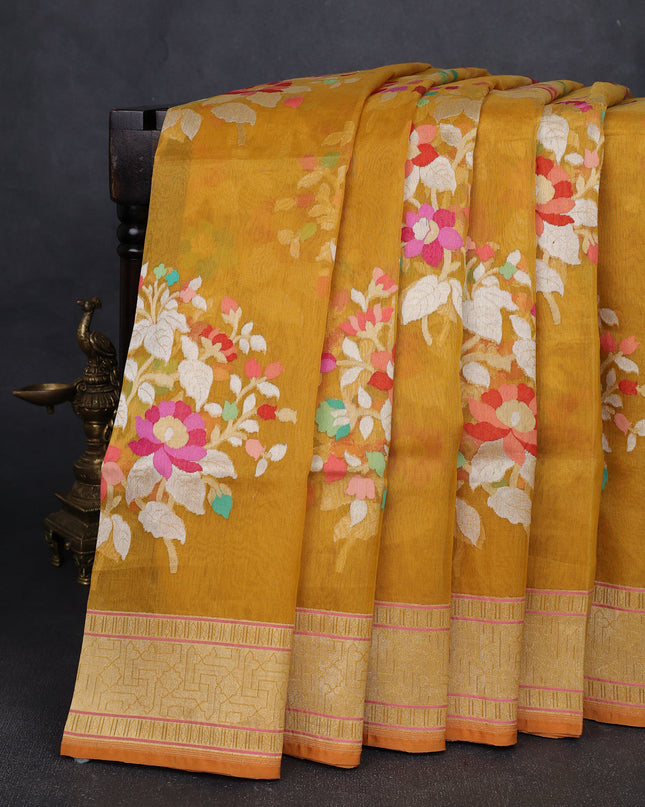 Mustard Yellow Banarasi Kora Saree