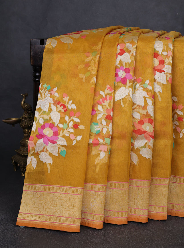 Mustard Yellow Banarasi Kora Saree