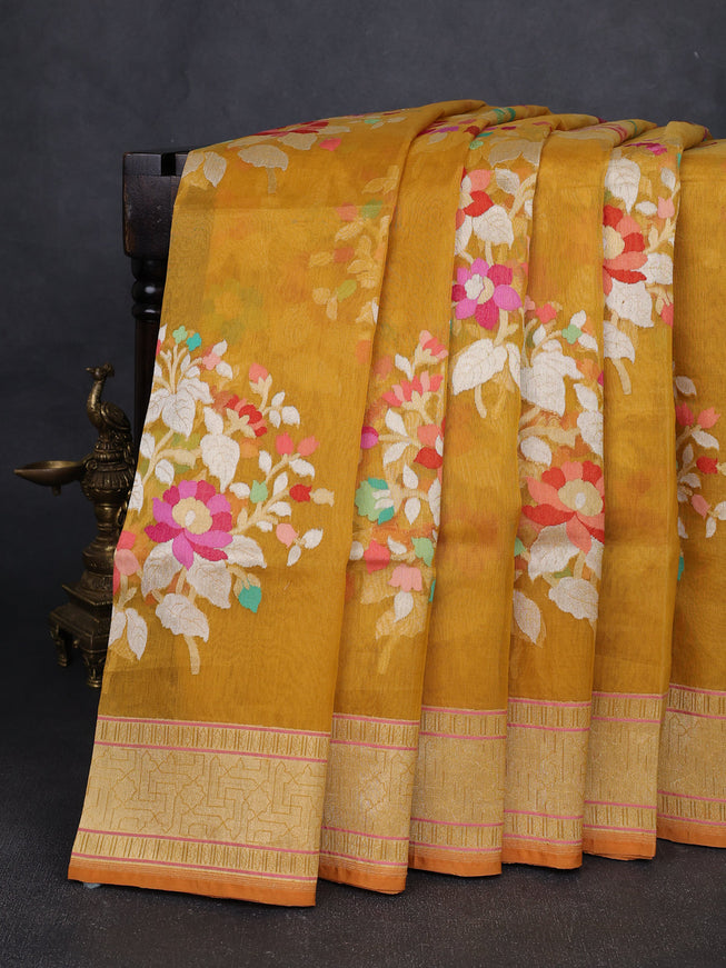 Mustard Yellow Banarasi Kora Saree