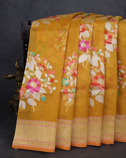 Mustard Yellow Banarasi Kora Saree