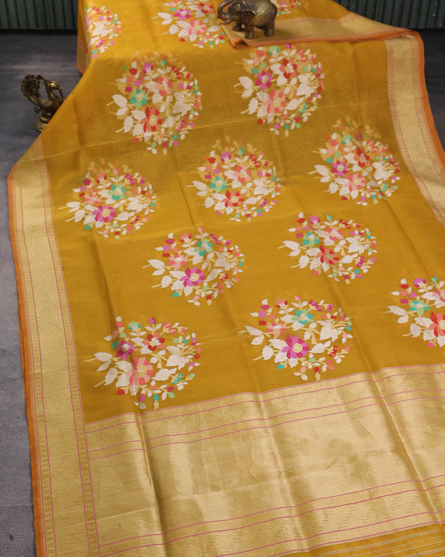 Mustard Yellow Banarasi Kora Saree