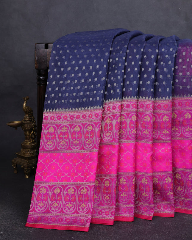 Navy Blue-Pink Banarasi Kora Saree