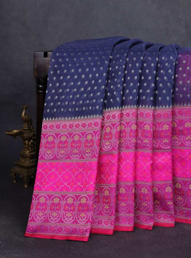 Navy Blue-Pink Banarasi Kora Saree