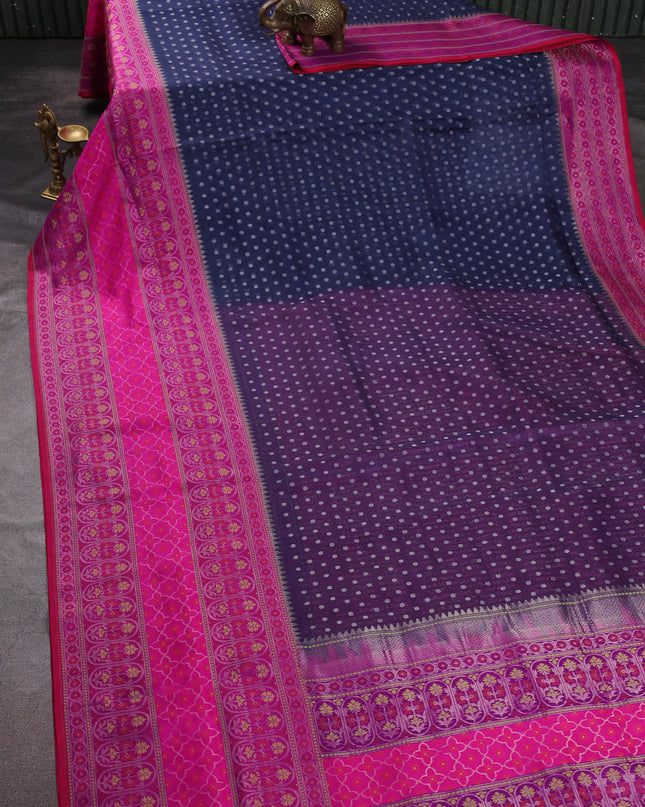 Navy Blue-Pink Banarasi Kora Saree