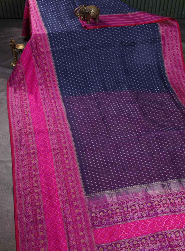 Navy Blue-Pink Banarasi Kora Saree