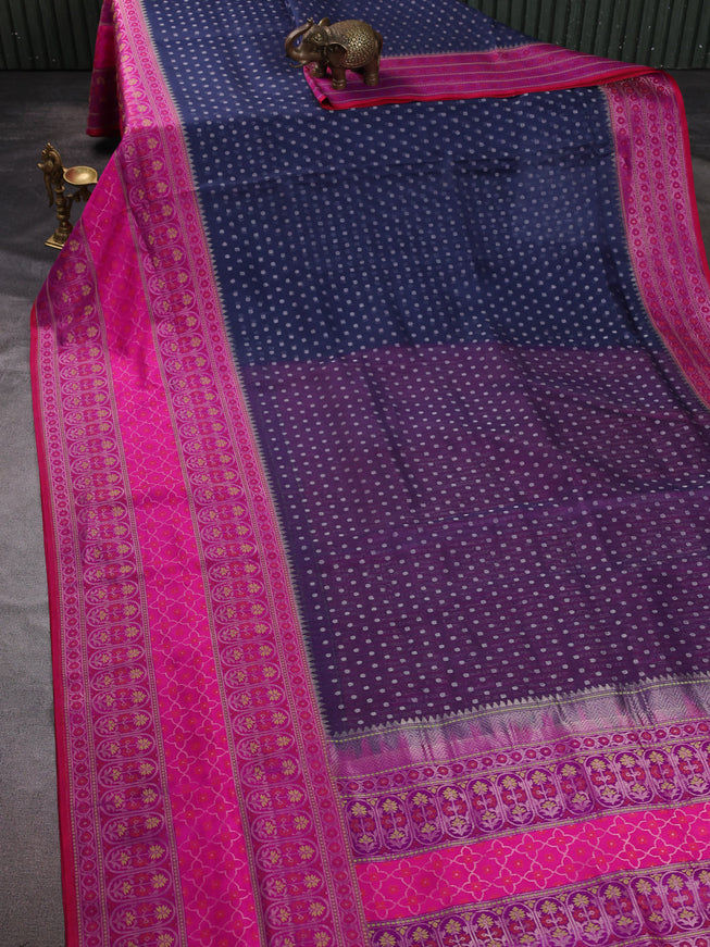 Navy Blue-Pink Banarasi Kora Saree