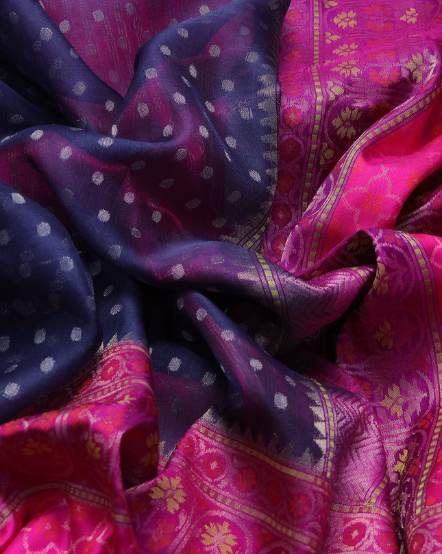 Navy Blue-Pink Banarasi Kora Saree