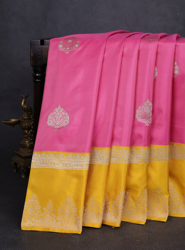 Coral Pink-Yellow Banarasi Silk Saree