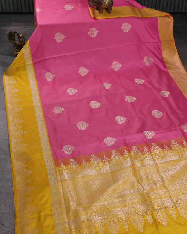 Coral Pink-Yellow Banarasi Silk Saree
