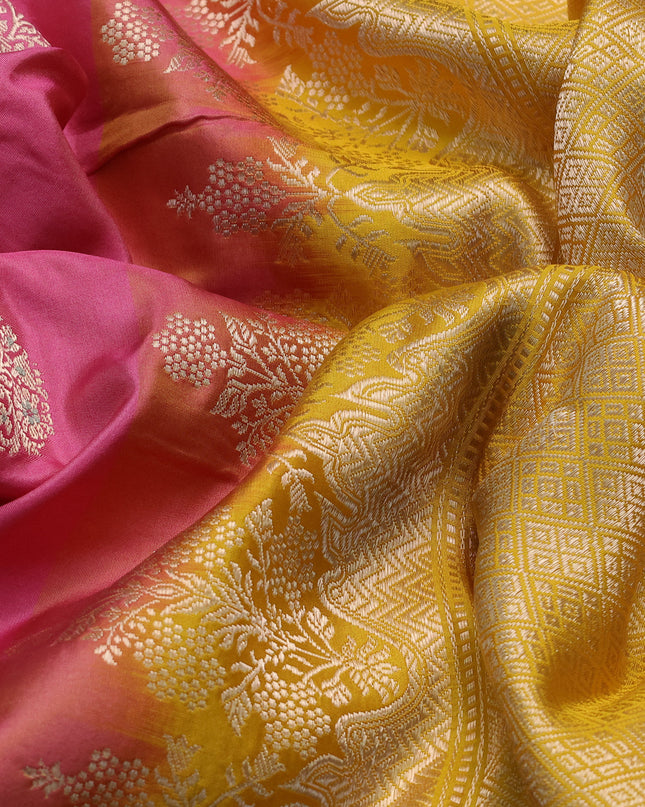 Coral Pink-Yellow Banarasi Silk Saree