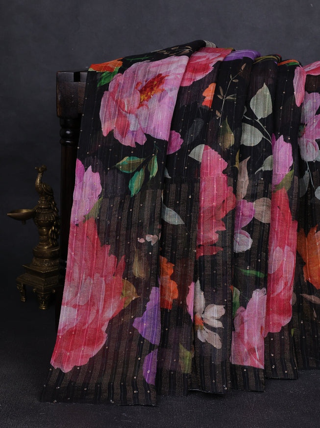 Black Organza Printed Silk Saree
