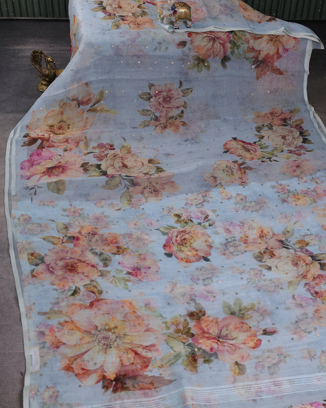 Sky Blue Organza Printed Silk Saree