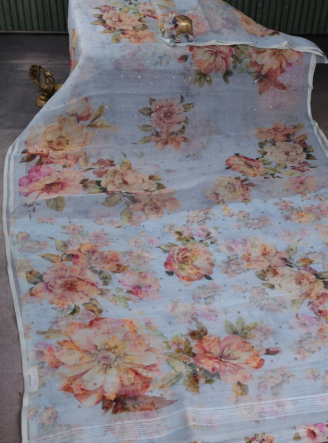 Sky Blue Organza Printed Silk Saree