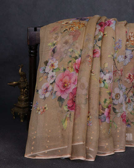 Beige Organza Printed Silk Saree