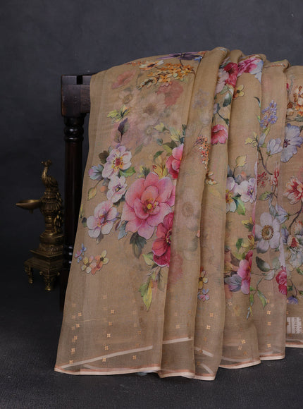 Beige Organza Printed Silk Saree
