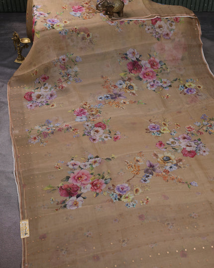 Beige Organza Printed Silk Saree