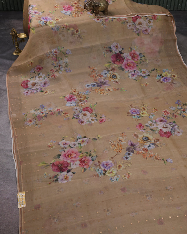 Beige Organza Printed Silk Saree