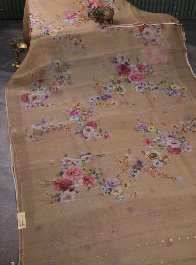 Beige Organza Printed Silk Saree