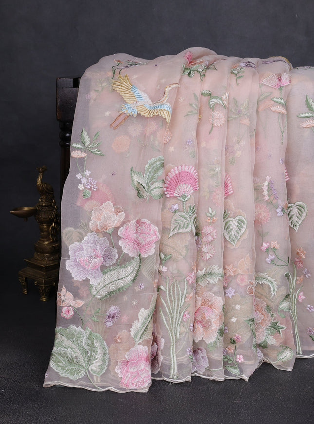 Light Peach Organza Embroidery Saree