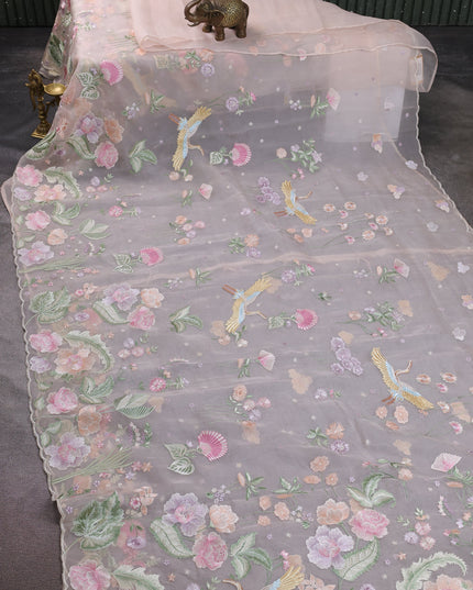 Light Peach Organza Embroidery Saree