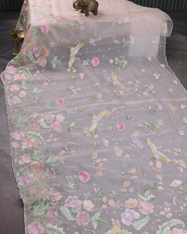 Light Peach Organza Embroidery Saree