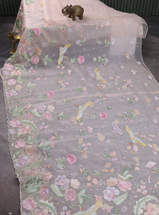 Light Peach Organza Embroidery Saree