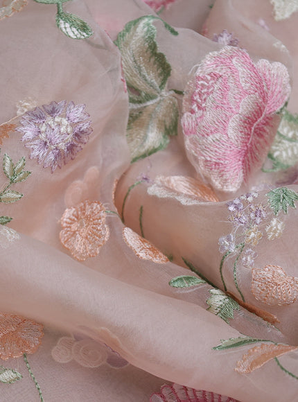 Light Peach Organza Embroidery Saree