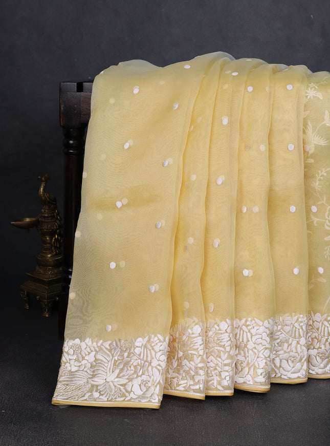 Yellow -Off White Organza Embroidery Saree