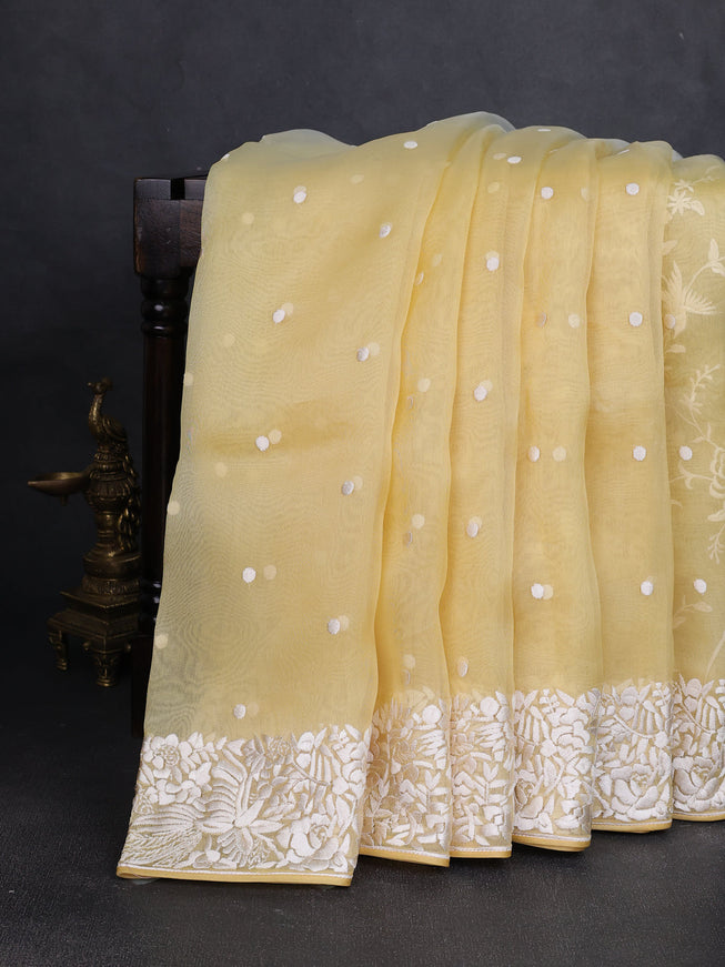 Yellow -Off White Organza Embroidery Saree
